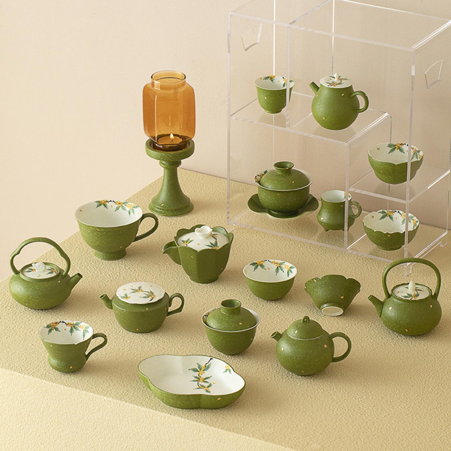 小青柑手绘桂花茶壶盖碗茶杯洒金图片