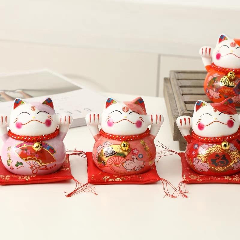 陶瓷招财猫存钱罐收摆台件小号店开业客厅格子银创意铺礼品喜糖罐