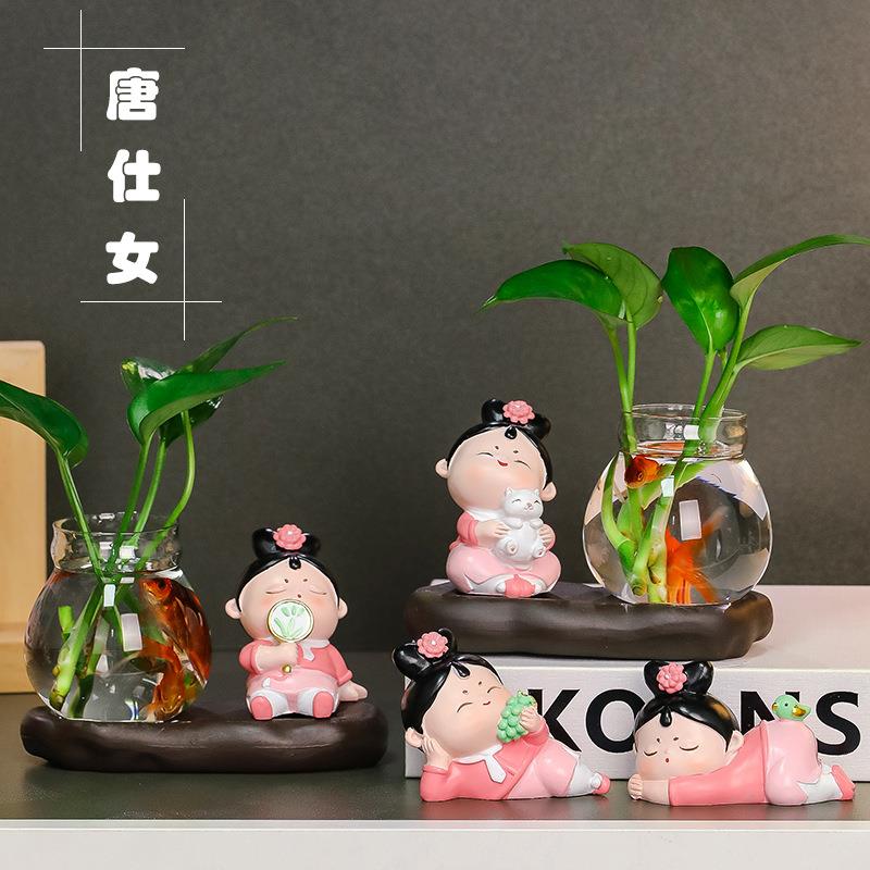 新中式可唐柜仕女家居装饰摆爱件水培花瓶电视柜酒绿TSNSP萝水养