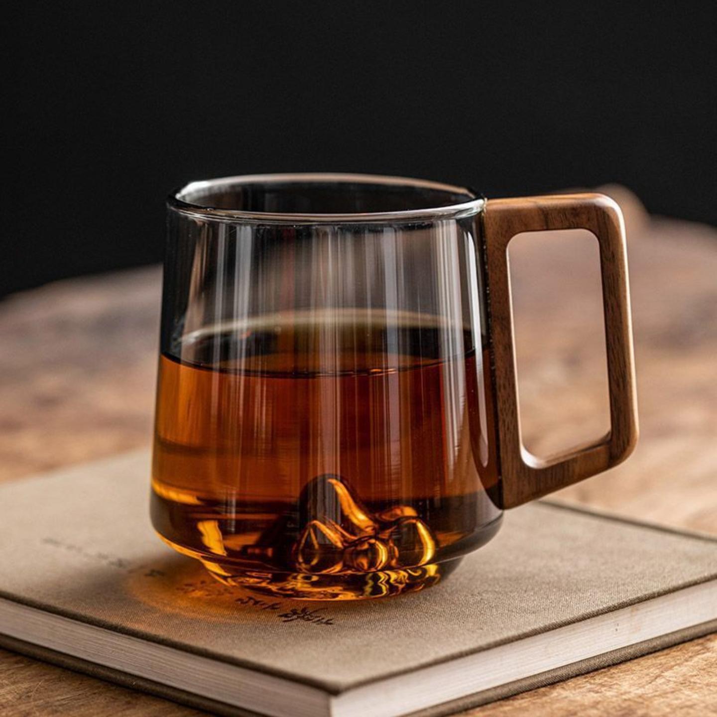 办公室家用木把观山绿茶杯高硼硅图片