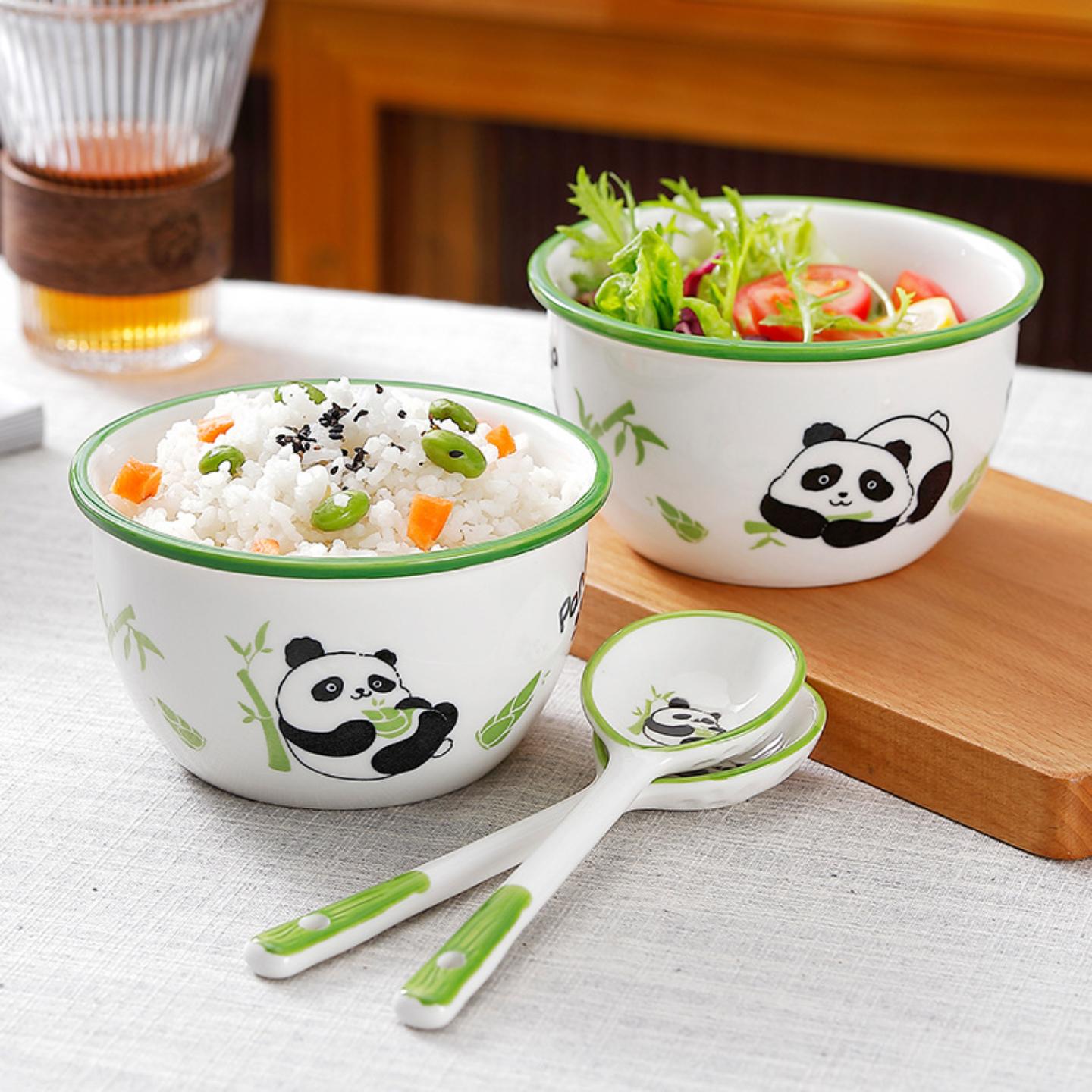 熊猫碗陶瓷釉下彩米饭碗2碗勺