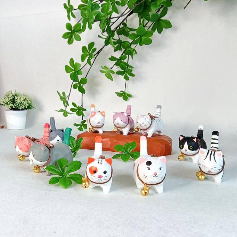 制手工雕刻工64品艺公桌面摆件可爱铛猫铃创意手工实木di木y摆件