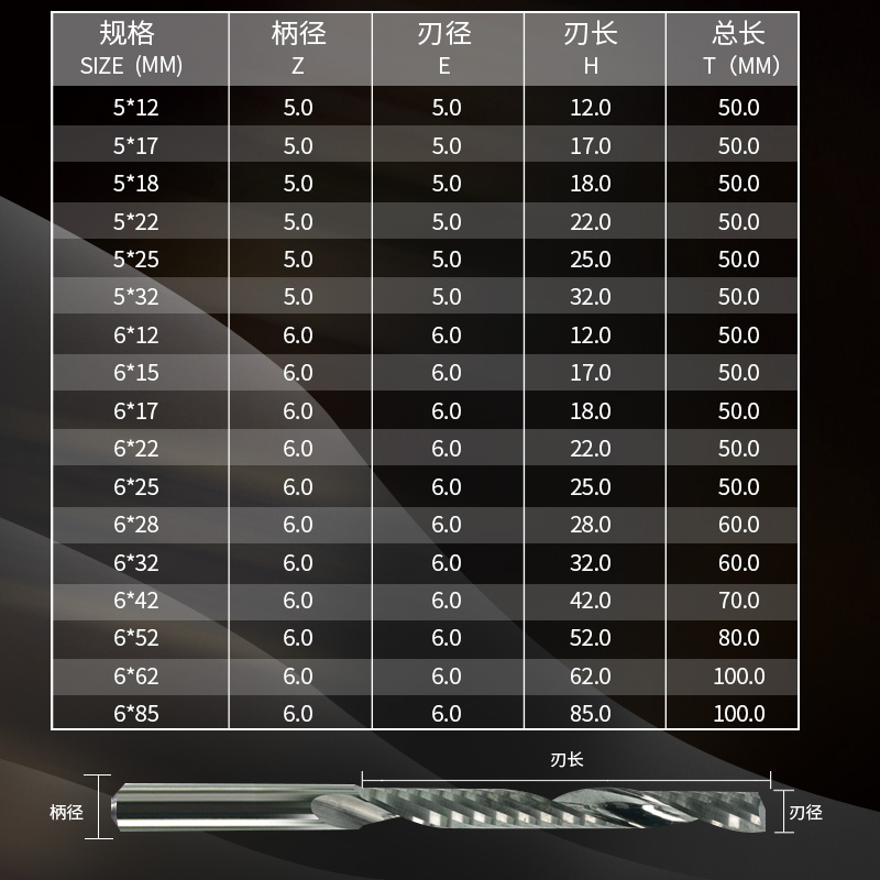 3A级5/6mm进口料单刃螺旋铣刀头广告雕刻机刀具pvc亚克力木板切割