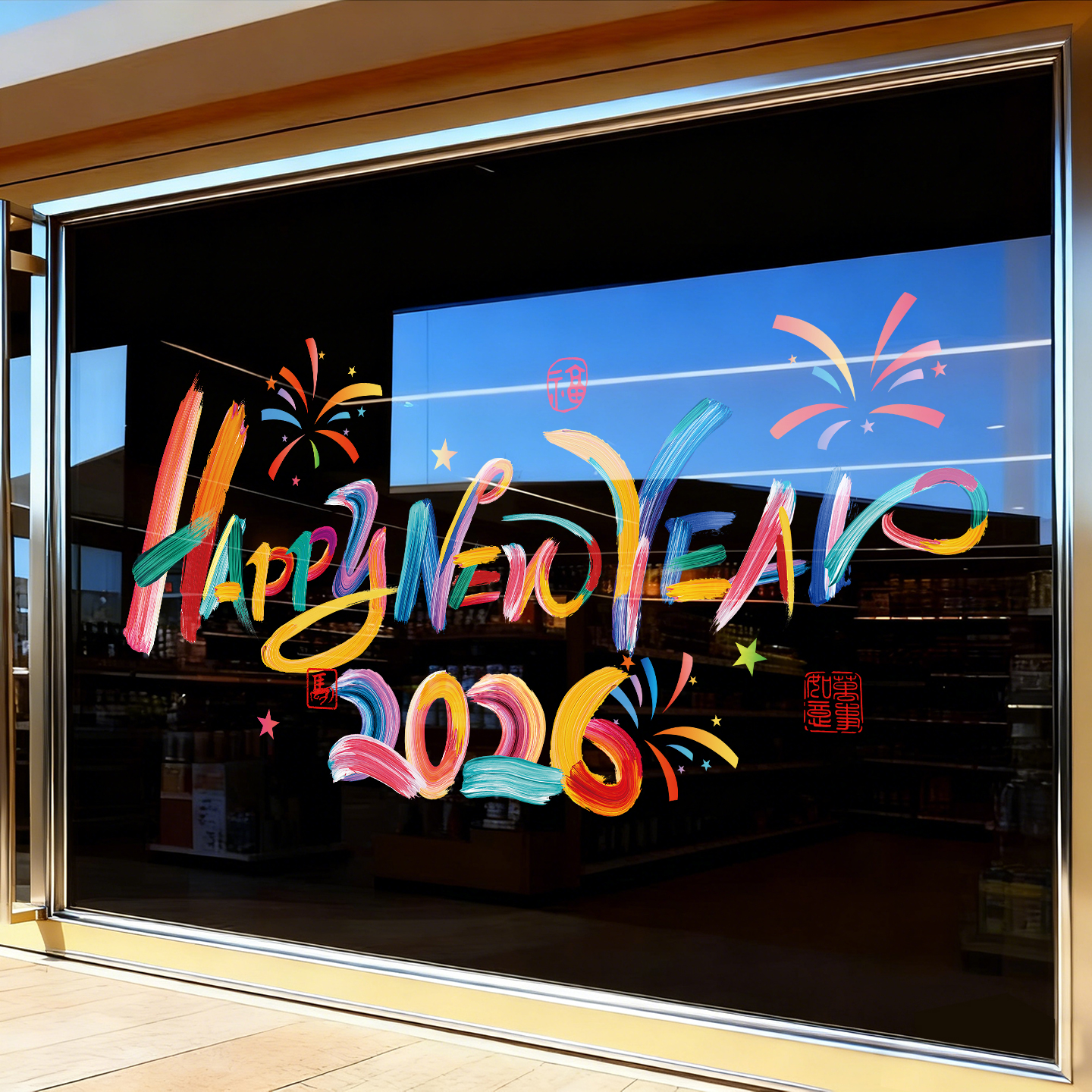 2026马年新年店铺橱窗烟花装饰