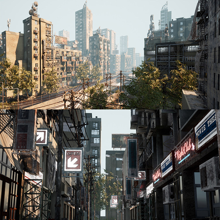 ue4废土风格末日城市3d场景资源 废弃建筑 街道 游戏cg素材