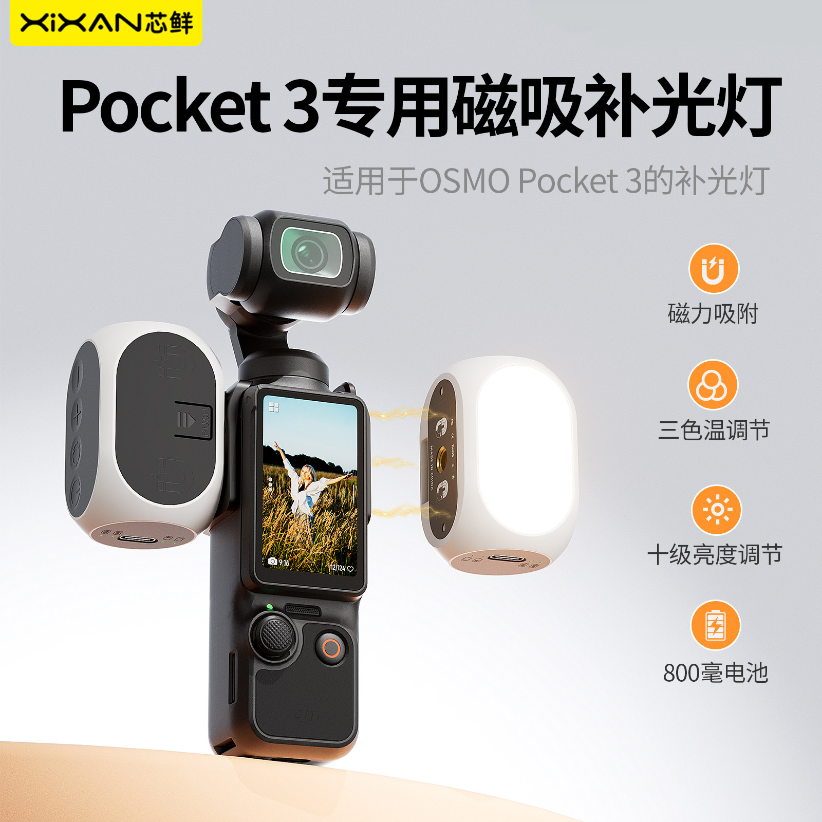 芯鲜XJ97-S2适用DJI大疆Pocket3磁吸补光灯灵眸口袋相机配件磁吸口袋便携式快拆补光灯vlog拍摄神器图片