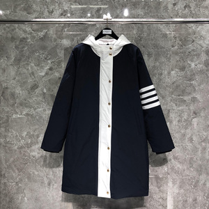 tb羽绒服中长款女士连帽男女同款蓝白拼冬季加厚保暖防风大衣外套