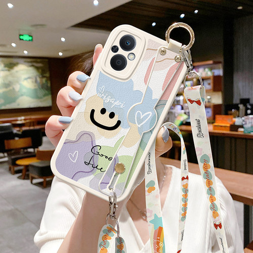 适用oppo a97手机壳a96新款a35斜挎背带a93s挂绳a58创意a56几何笑脸a1pro腕带a53防摔k11/k10保护套findx5