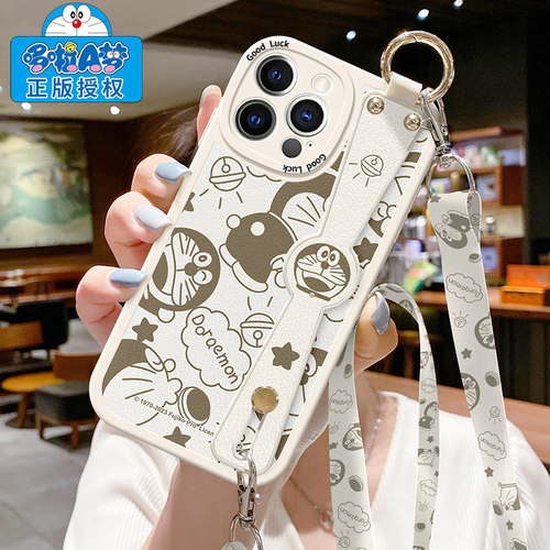 适用iPhone15苹果13手机壳14女17新款12防摔11斜挎挂绳16Pro卡通猫max腕带8背带软硅胶plus哆啦a梦XR保护套XS