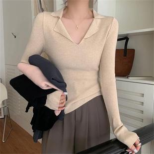 打底衫 甜辣纯色v领针织衫 显白针织Polo个性 女修身 T恤上衣 显瘦长袖