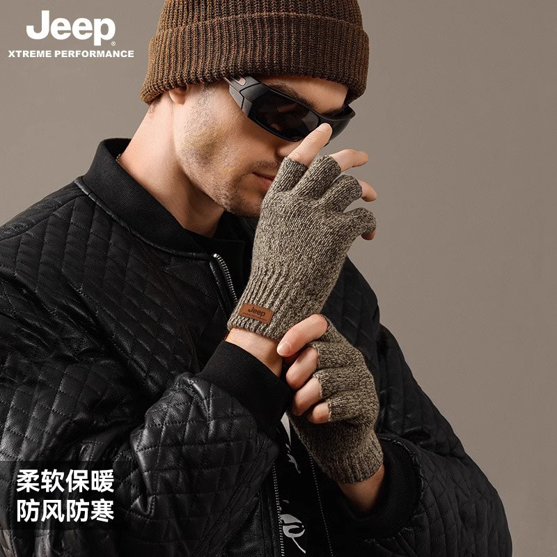 jeep吉普针织手套男士冬季骑行防风保暖可触屏半指学生写字手套男