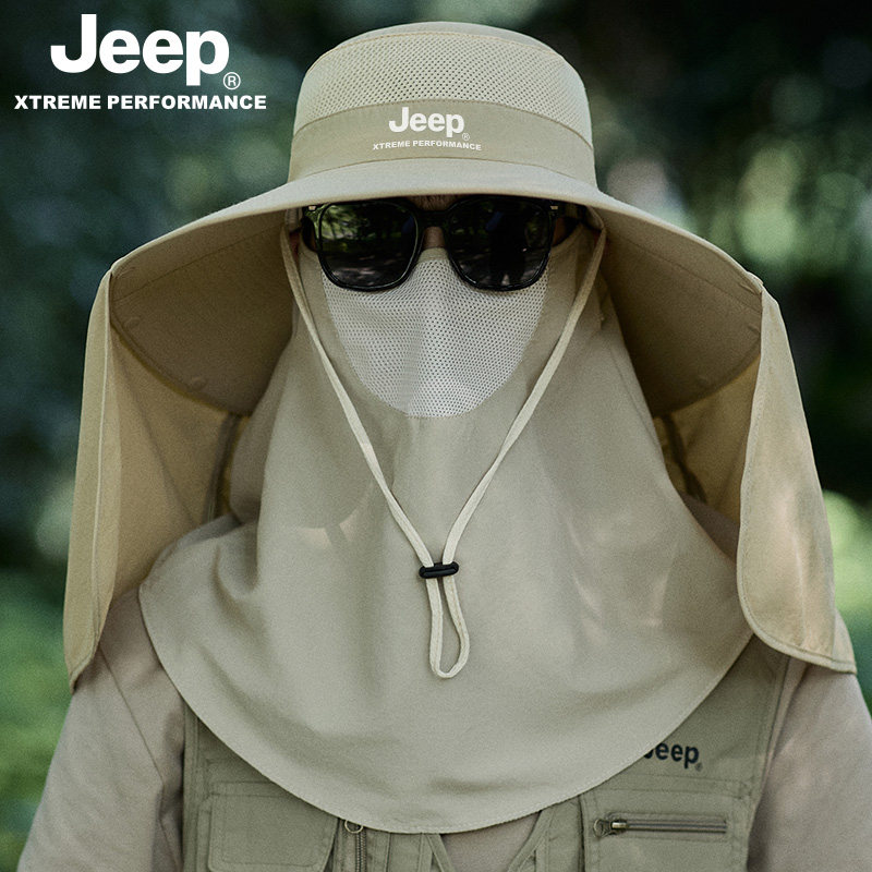 jeep吉普男士夏季渔夫帽太阳户外钓鱼披肩护颈面罩男大檐透气帽子