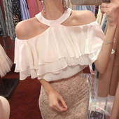 白色一字肩上衣女显瘦心机甜美超仙锁骨性感露肩短袖 2025夏装 新款