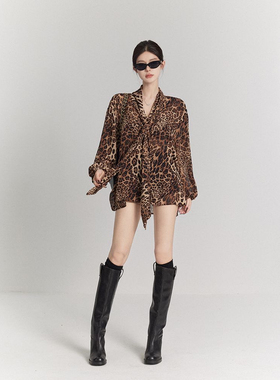 cchun纯子【豹纹lady~】高智姐感复古气质宽松长袖v领衬衫