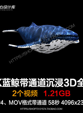 4K蓝鲸LED显示视频素材mov\mp4带通道鲸鱼3D全息黑色背景带鲸音效