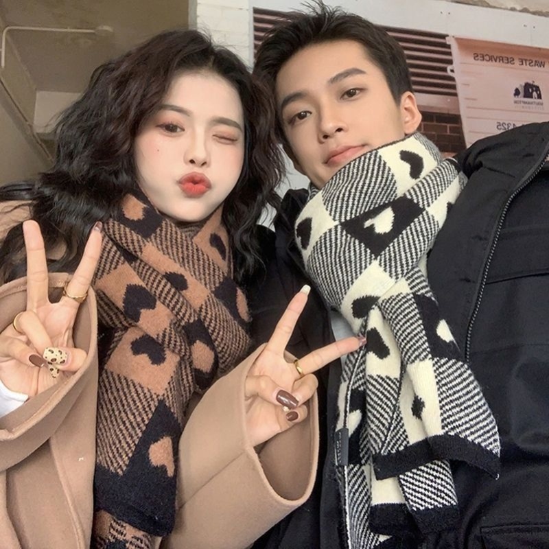 围巾男款新款爱心格子针织一对2025秋冬季新款保暖学生小众围脖潮