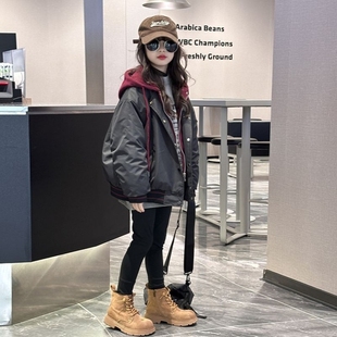 女童超好看夹棉外套棉服秋冬2025新款 女大童加厚连帽假两件外套