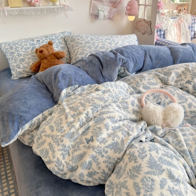 牛奶绒毛绒四件套ins蓝蝴蝶双面冬保暖珊瑚绒被套宿舍床单三件套