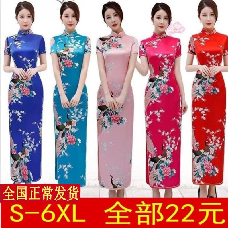 旗袍长款大码时尚短袖旗袍裙走秀旗袍