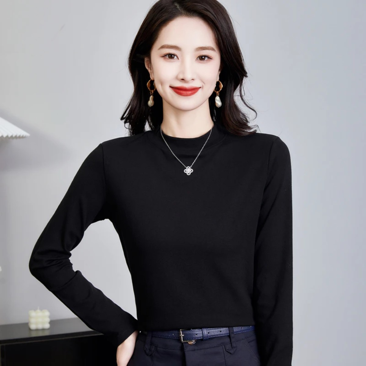 十三行丽姐休闲时尚女T恤高品质弹力棉针织长袖纯色打底衫小立领