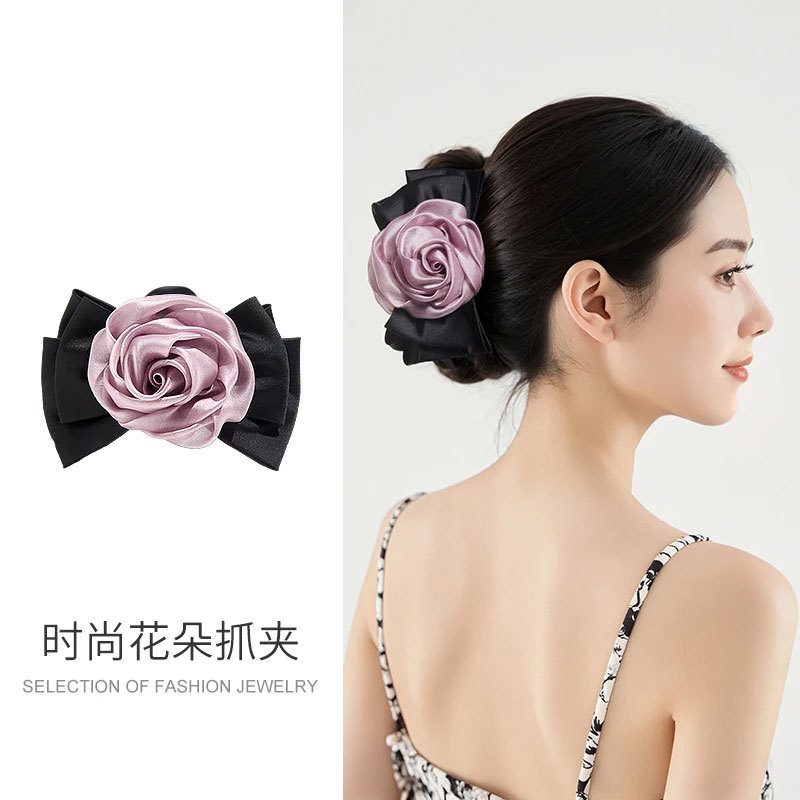 法式浪漫玫瑰花朵发夹女感侧边夹子后脑勺头饰复古蝴蝶结抓夹