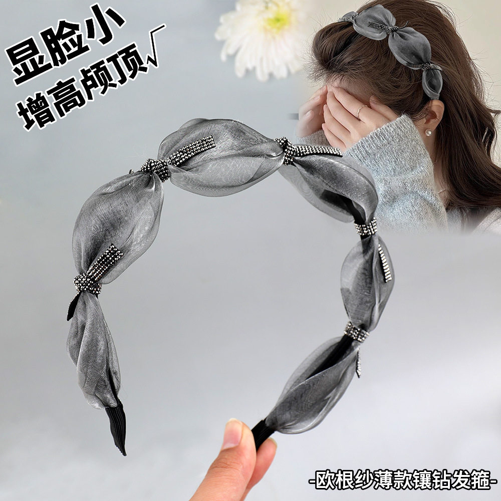 薄款网纱欧根纱镶钻打结发捆发箍女高颅顶显脸小压发头箍新款头饰