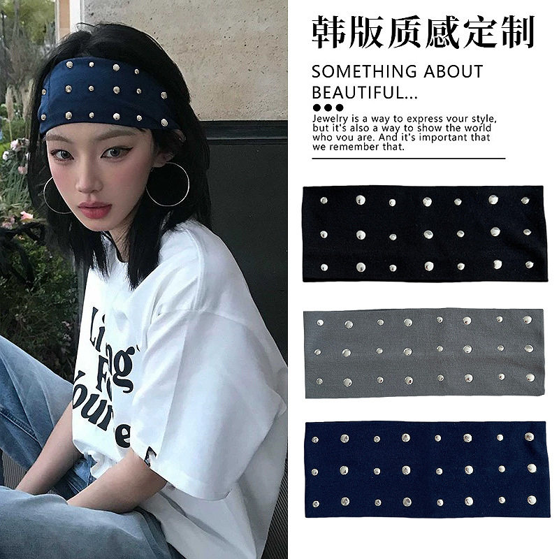 跨境韩国铆钉宽边发带金属装饰弹力朋克辣妹发饰吸汗运动瑜伽头带