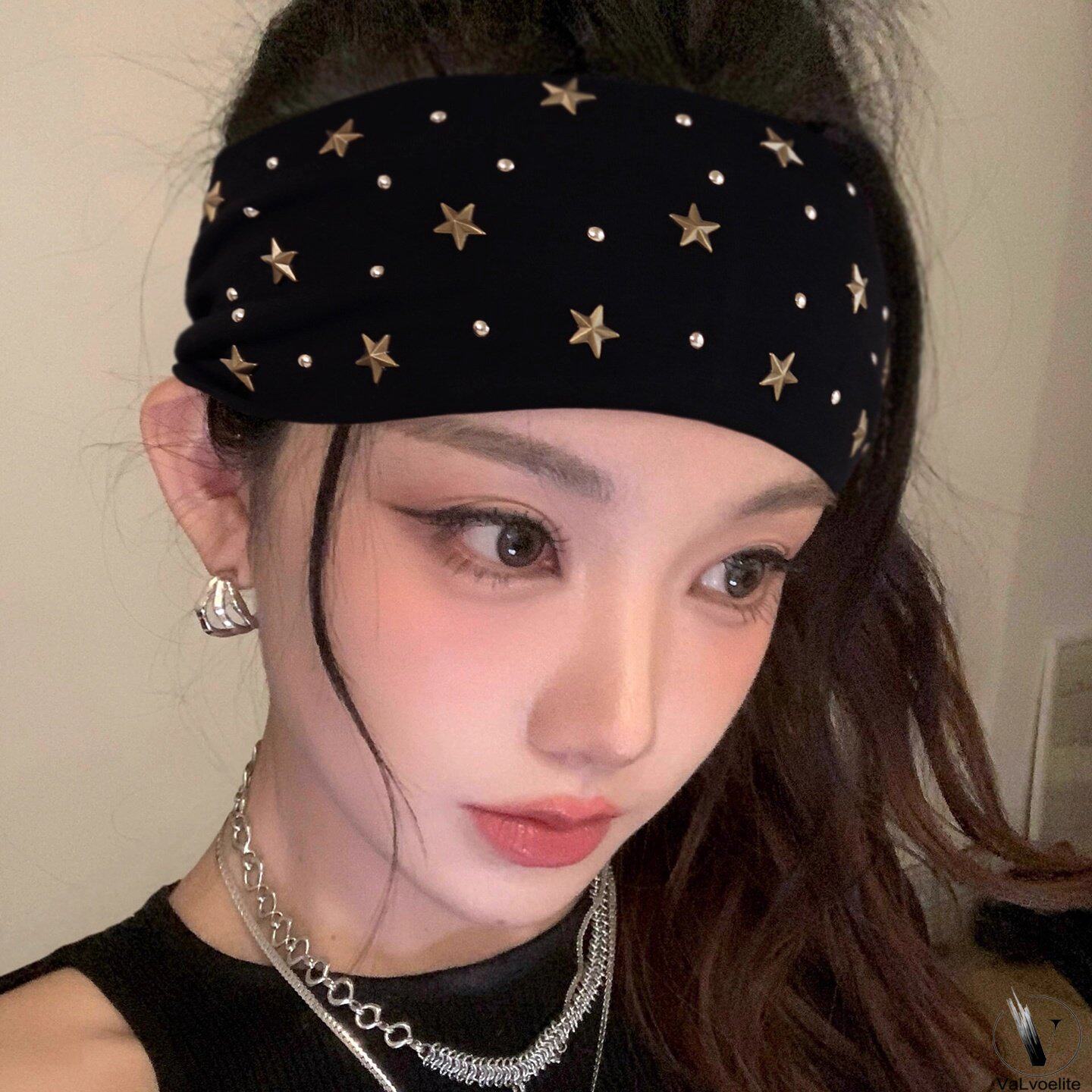 跨境美式复古铆钉星星发带女百搭运动头带瑜伽健身头巾遮白发头饰