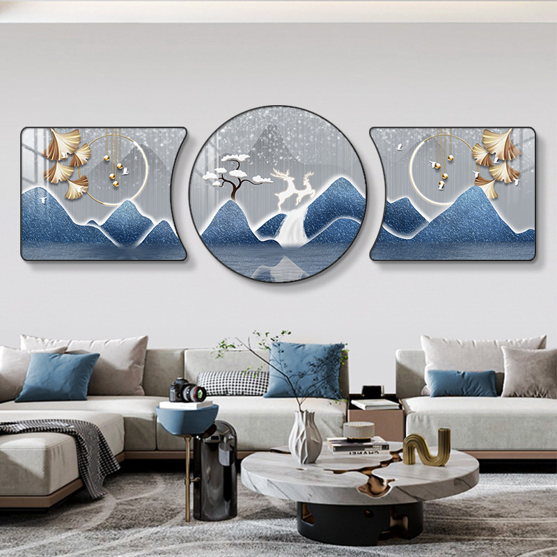 新中式客厅装饰画现代简约福禄山水三联墙画高级感沙发背景墙挂画