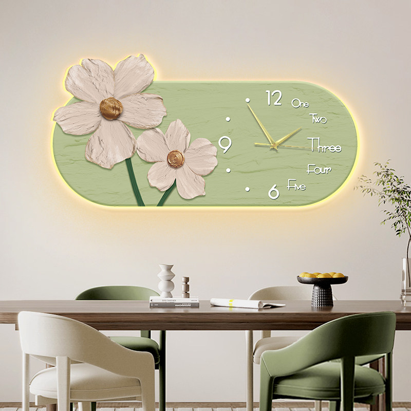花卉餐厅装饰画静音钟表墙画奶油风现代简约客厅餐桌背景墙挂画