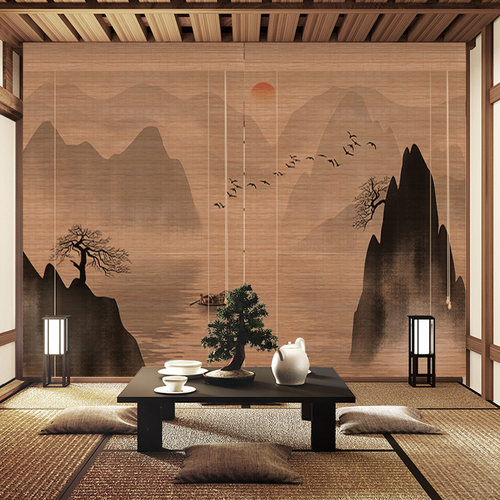 碳化山水风景画印花竹