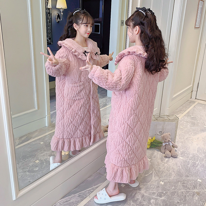儿童睡衣秋冬季珊瑚绒睡袍夹棉加厚款女童法兰绒浴袍中长款家居服