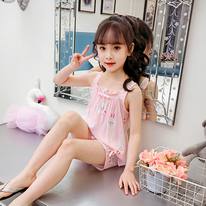 女童睡衣2025新款年夏季儿童薄款绵绸棉绸小女孩可爱家居服套装