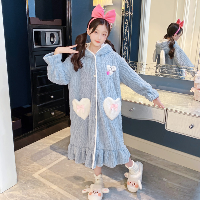 女童法兰绒睡袍儿童睡衣珊瑚绒秋冬季中大童加长连帽小女孩套装