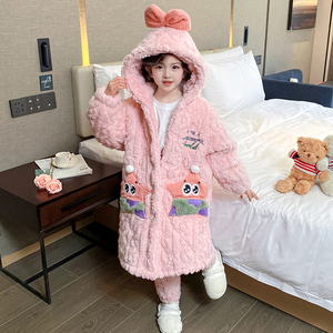 儿童睡衣2023新款冬季加厚款女童法兰绒三层夹棉加绒珊瑚绒家居服