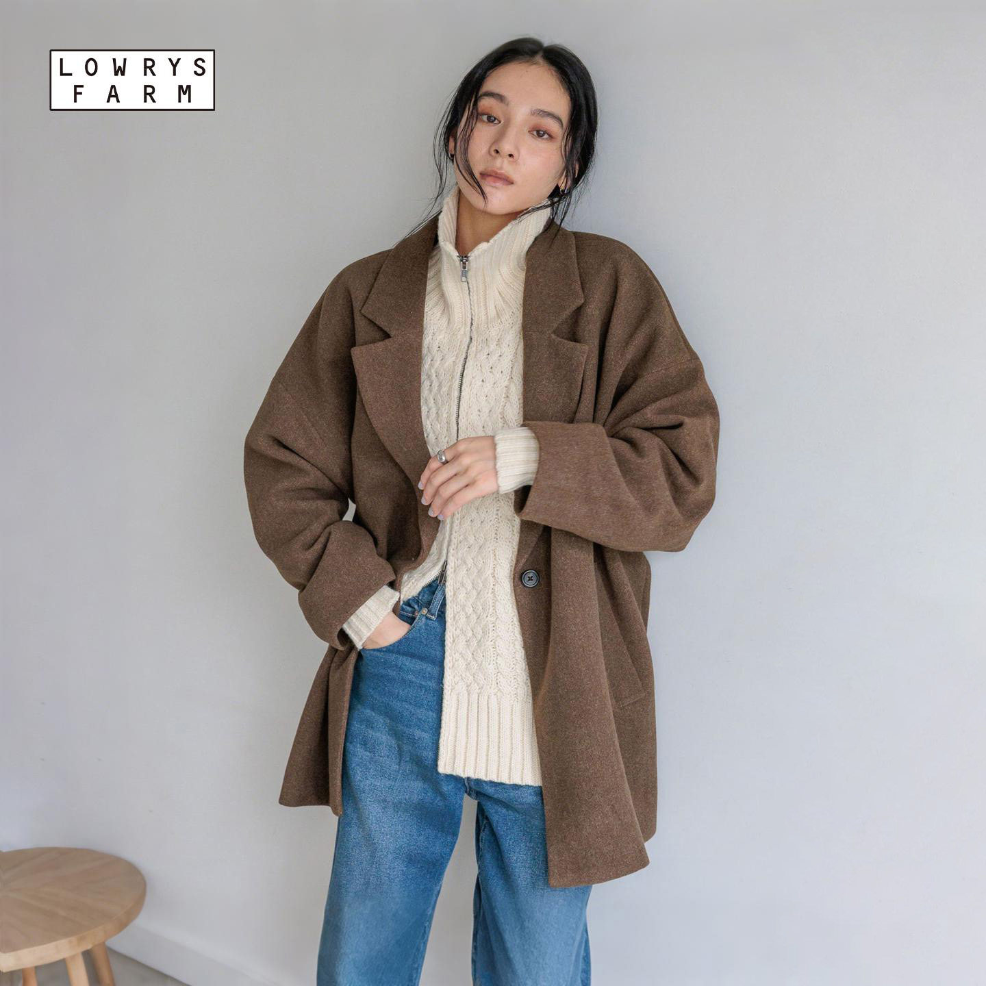 LOWRYS FARM大衣女2025冬季新款一粒扣翻领休闲中长款外套494124