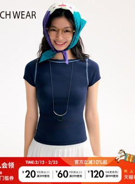 BUCH WEAR T恤女2025夏季新款一字领上衣撞色交叉领口短T589566