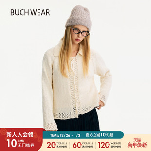 镂空翻领毛衣开衫 BUCH 简约法式 女2025秋冬新款 605343 WEAR针织衫