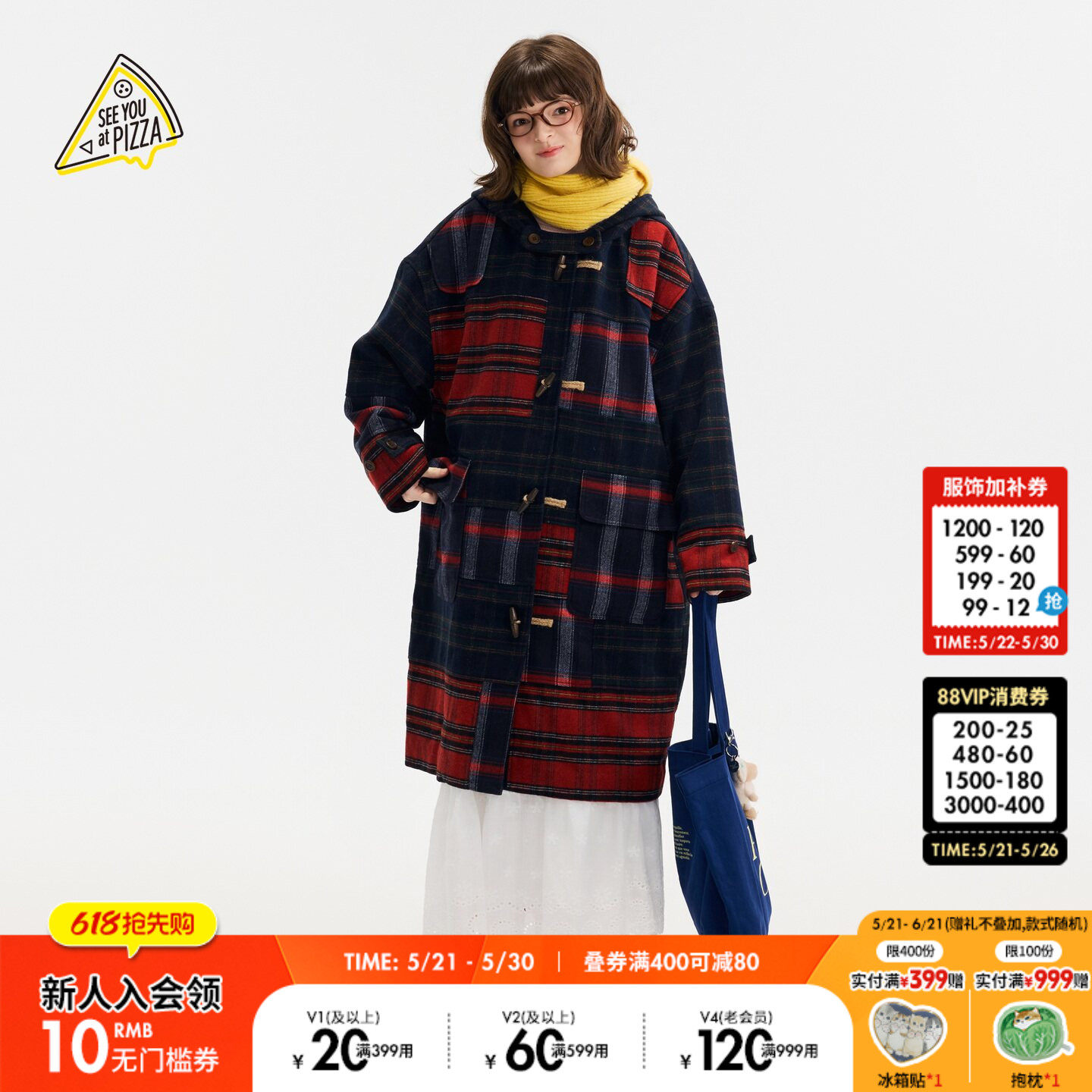 SEE YOU at PIZZA大衣女2025冬季新款格纹牛角扣