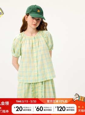 SEE YOU at PIZZA衬衫女25年夏新款简约圆领格纹短袖上衣491026