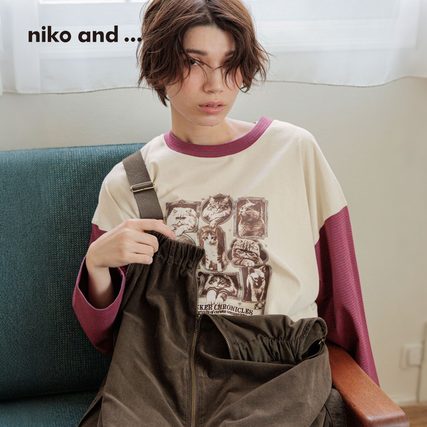 niko and ...T恤女2026秋新款猫狗印花撞色条纹长袖1071673