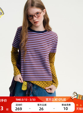 SEE YOU at PIZZA T恤女2026春季新款假两件拼接长袖上衣642233