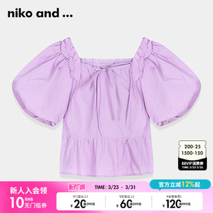 女夏季 ...衬衫 褶皱泡泡袖 方领修身 906506 niko 短袖 and