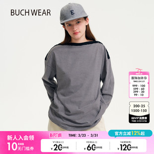 一字领纽扣棉质条纹长袖 BUCH 新款 T恤女2026春季 上衣654286 WEAR