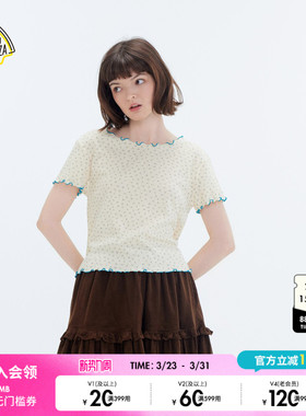 SEE YOU at PIZZA T恤女2026春季新款碎花木耳边短袖T恤588989