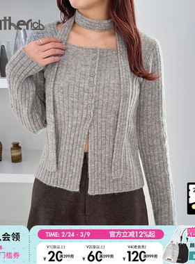 Heatherich毛针织衫女2026春季新款时尚修身挂脖开叉毛衣290413