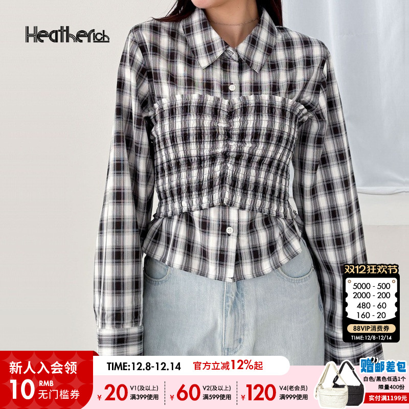 Heatherich衬衫女2025春秋新款简约格子舒适复古女士上衣324844