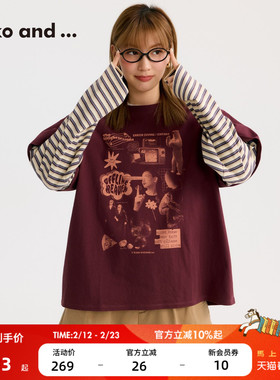 niko and ...T恤女2026春季新款条纹假两件印花长袖上衣653964