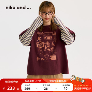 niko and ...T恤女2026春季新款条纹假两件印花长袖上衣653964