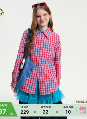 SEE YOU at PIZZA衬衫女2026春季新款红蓝格子刺绣外套655761